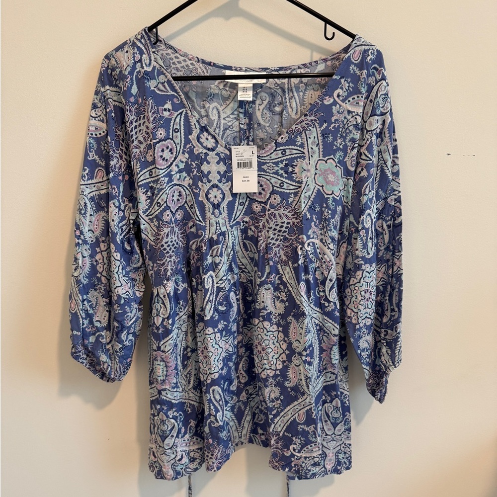 Motherhood Blue and White Puff Sleeve Blouse
